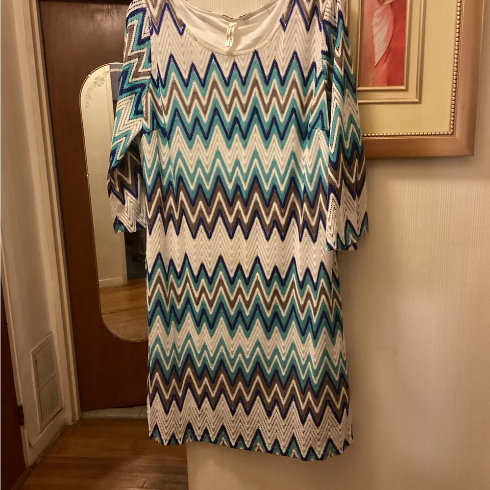 Chevron Patterned Midi Dress - Blue, Brown, White